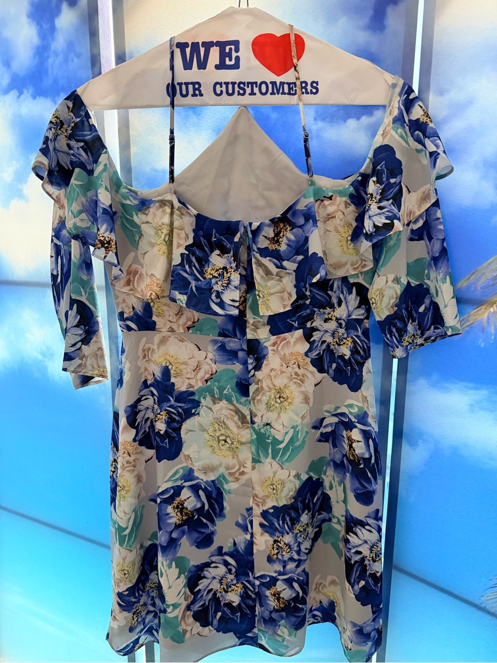 Cynthia Steffe Blue & White Floral Off-Shoulder Tunic